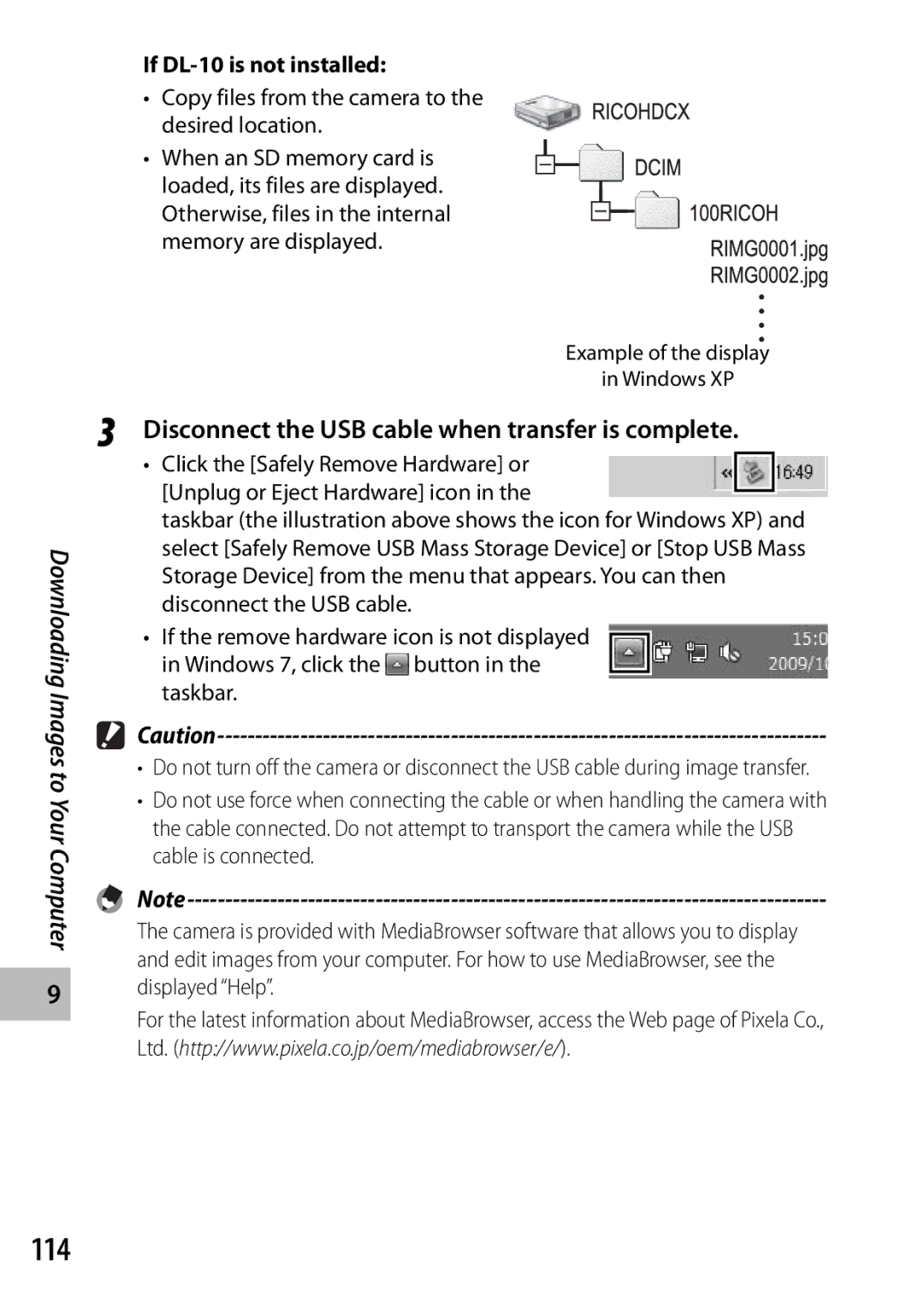 Samsung CX4 114, Disconnect the USB cable when transfer is complete, Copy files from the camera to the desired location 