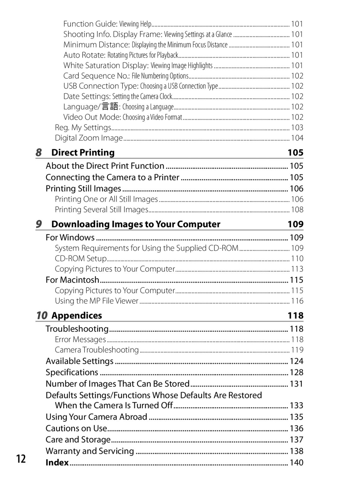 Samsung CX4 manual Direct Printing 105, Downloading Images to Your Computer 109, Appendices 118 