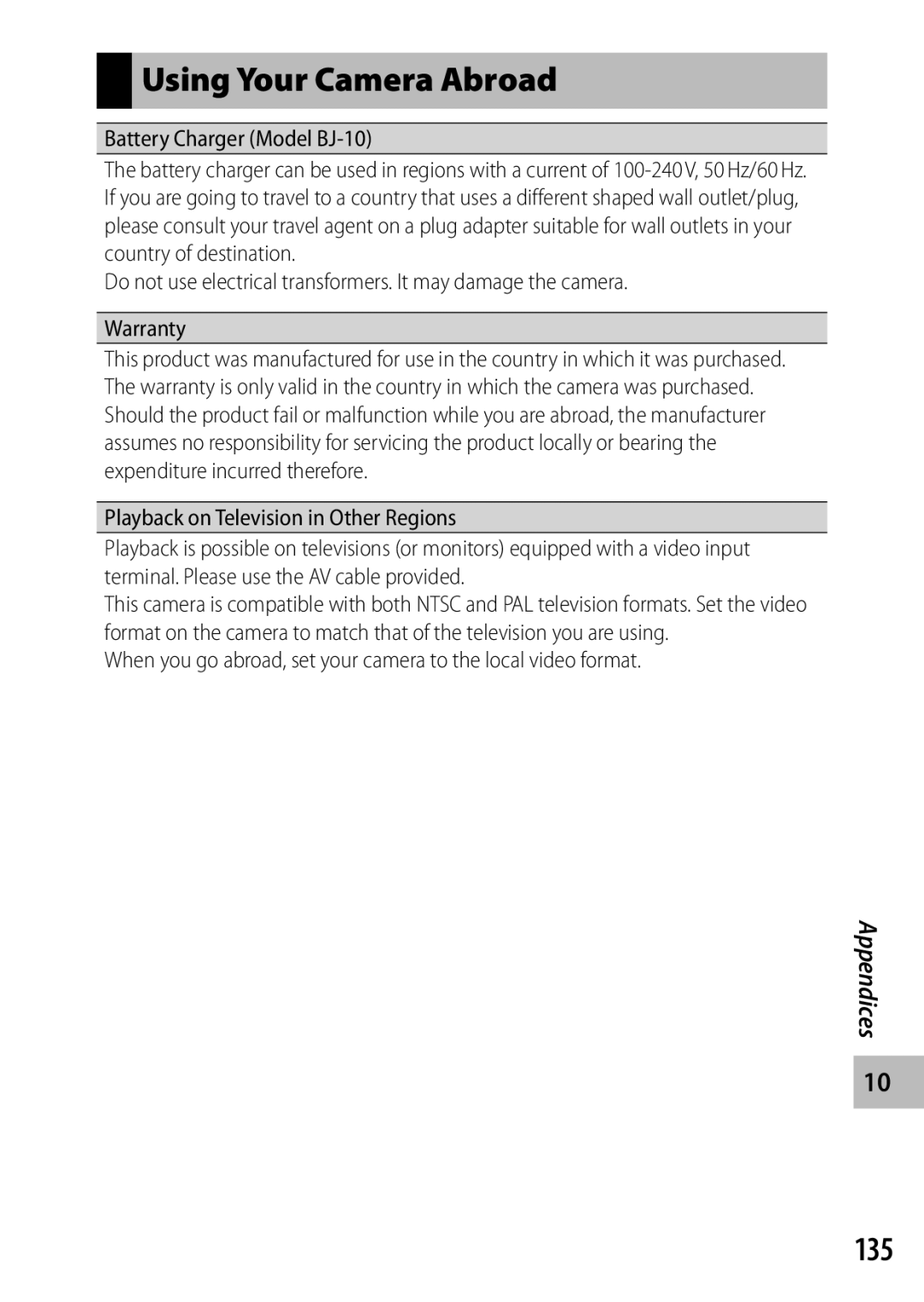 Samsung CX4 manual Using Your Camera Abroad, 135, Battery Charger Model BJ-10, Playback on Television in Other Regions 