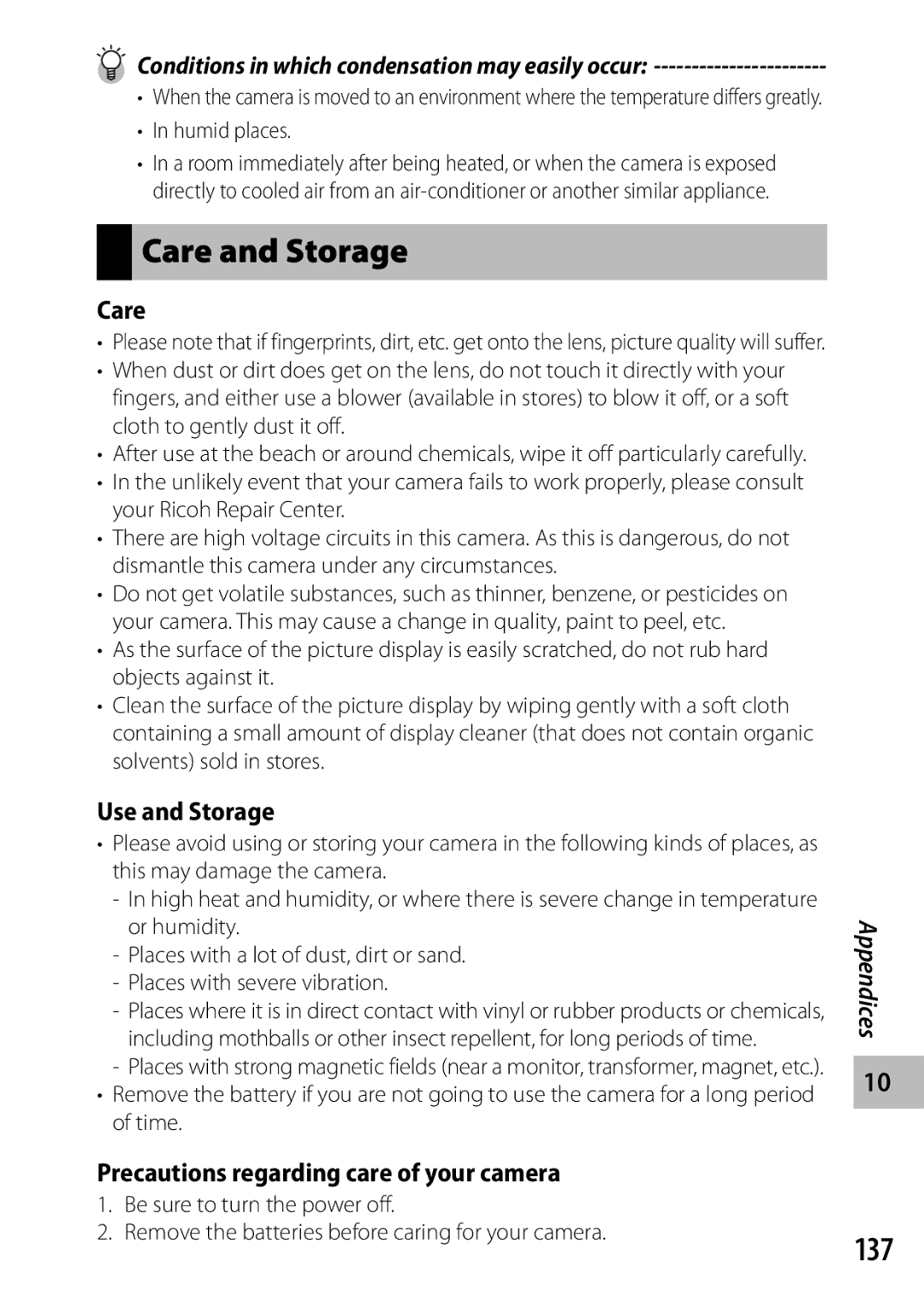 Samsung CX4 manual Care and Storage, 137, Use and Storage, Humid places 