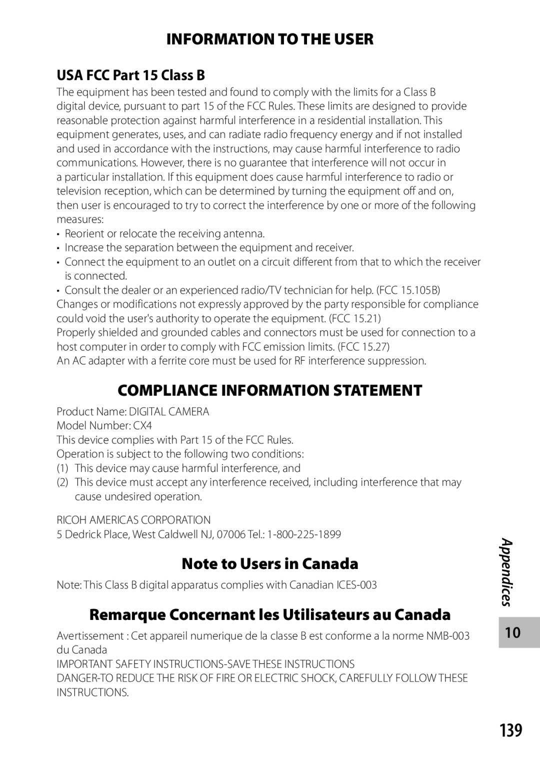 Samsung CX4 manual 139, USA FCC Part 15 Class B, Dedrick Place, West Caldwell NJ, 07006 Tel 