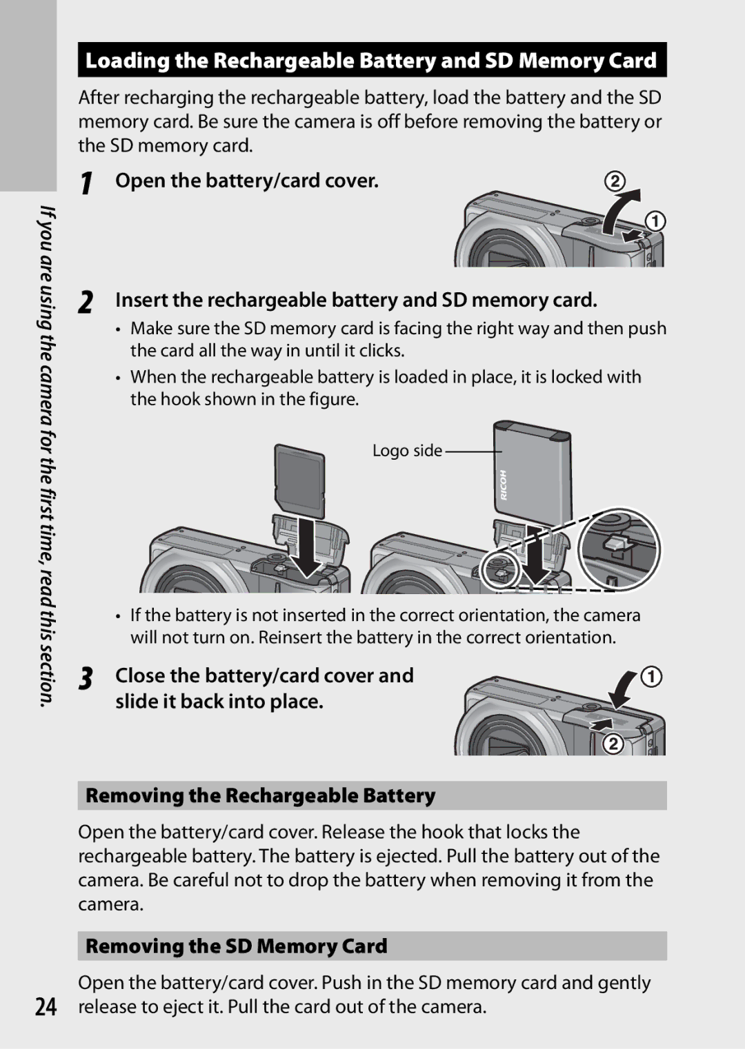 Samsung CX4 manual Loading the Rechargeable Battery and SD Memory Card, Removing the SD Memory Card 