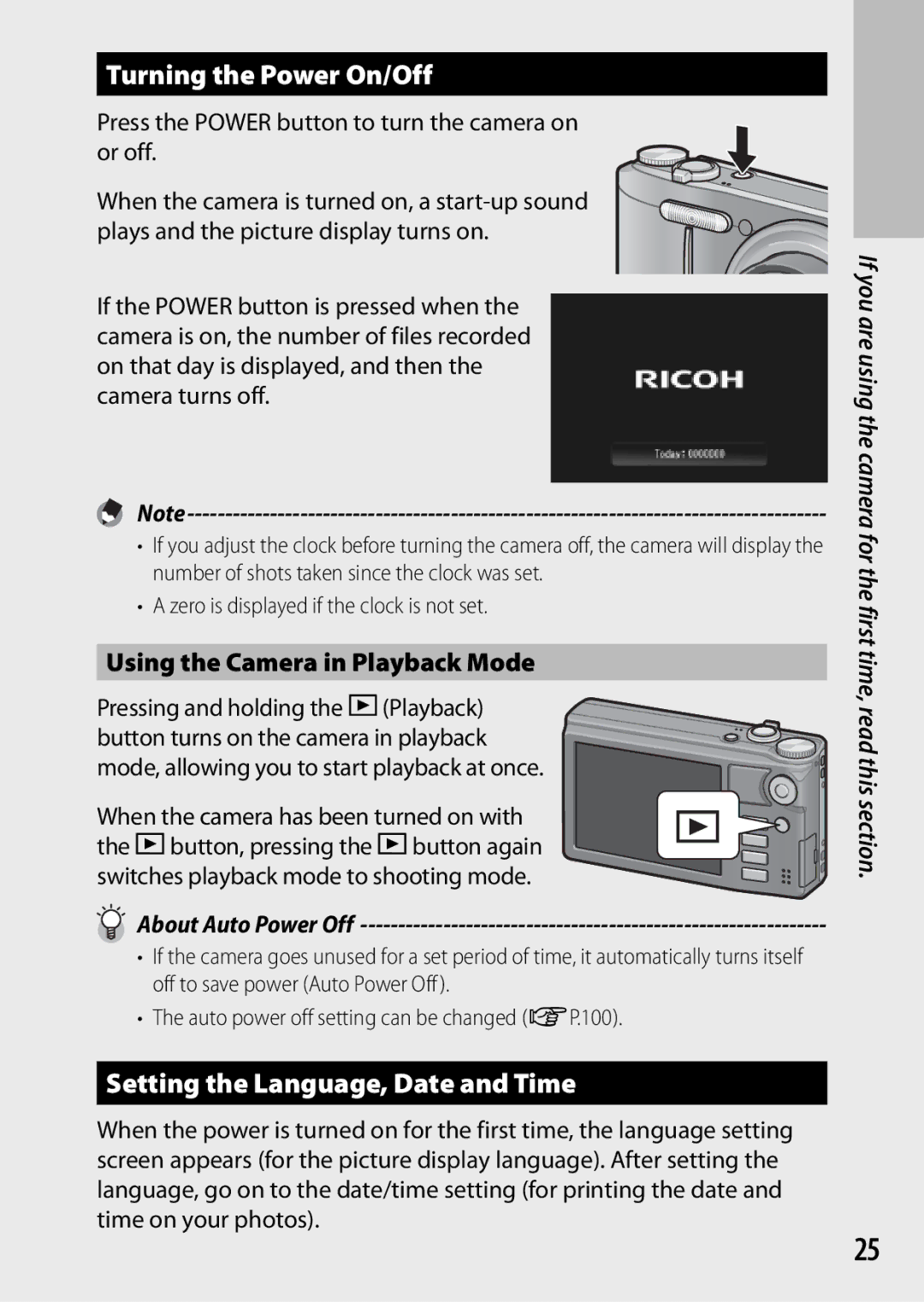 Samsung CX4 manual Turning the Power On/Off, Setting the Language, Date and Time, Using the Camera in Playback Mode 