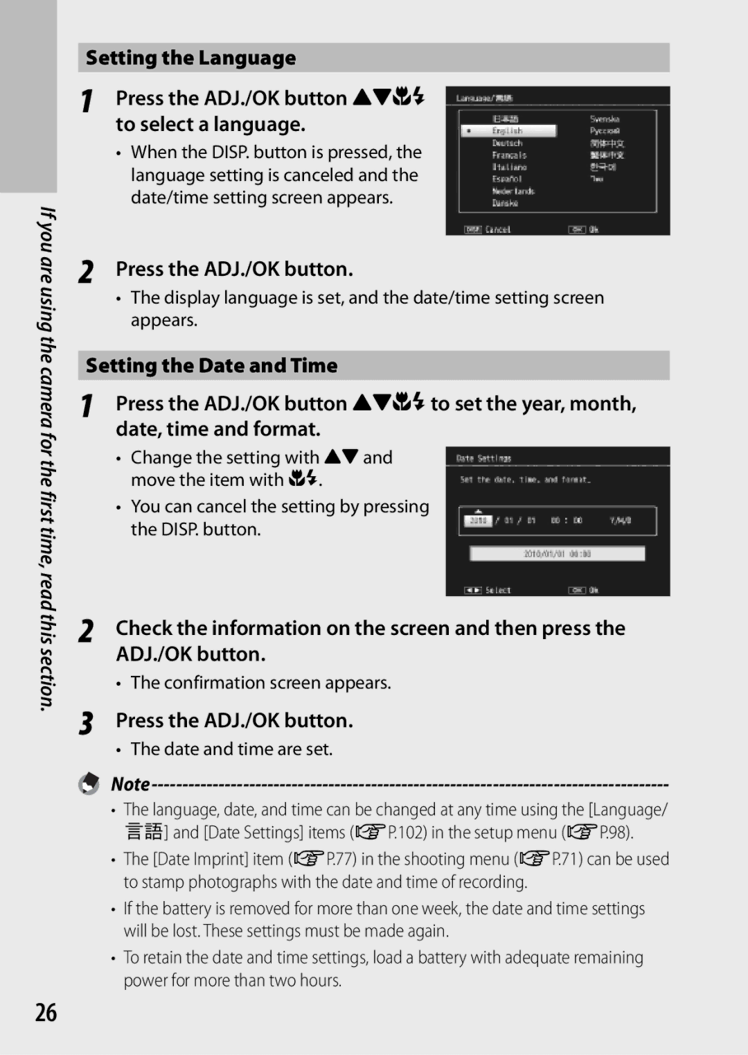 Samsung CX4 manual Press the ADJ./OK button, Confirmation screen appears, Date and time are set 