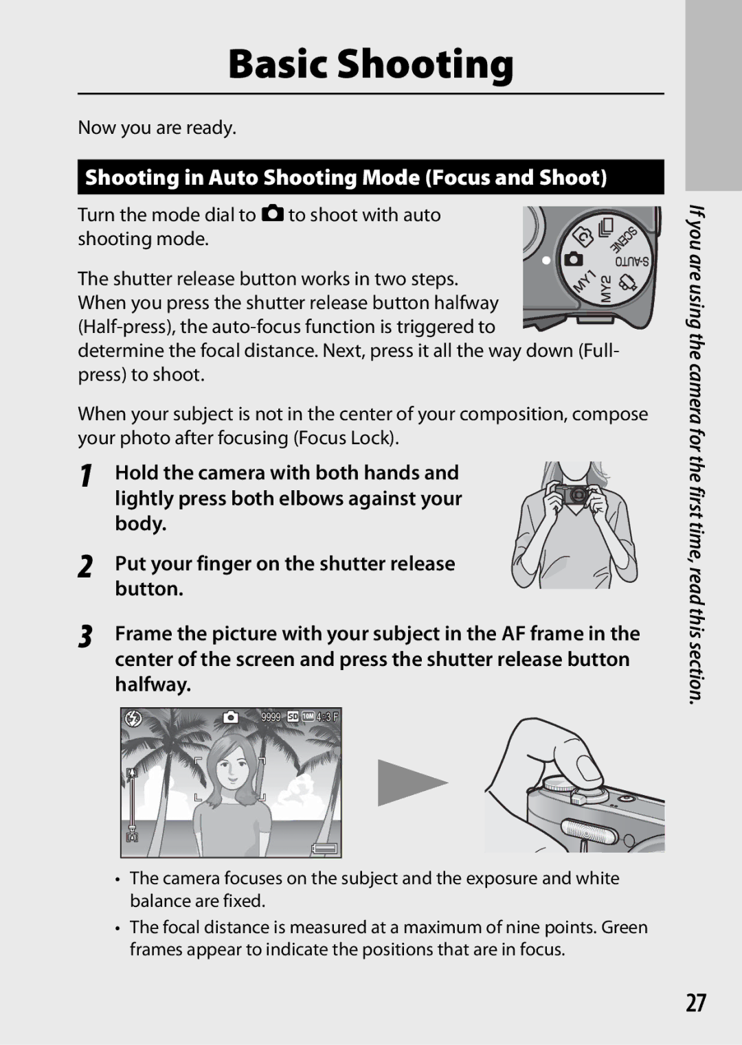 Samsung CX4 manual Shooting in Auto Shooting Mode Focus and Shoot, Hold the camera with both hands, Halfway 