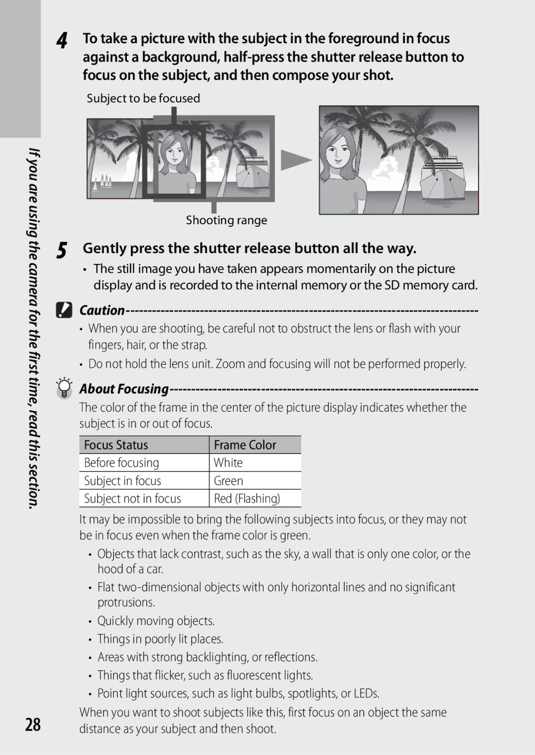 Samsung CX4 manual Focus on the subject, and then compose your shot, Gently press the shutter release button all the way 