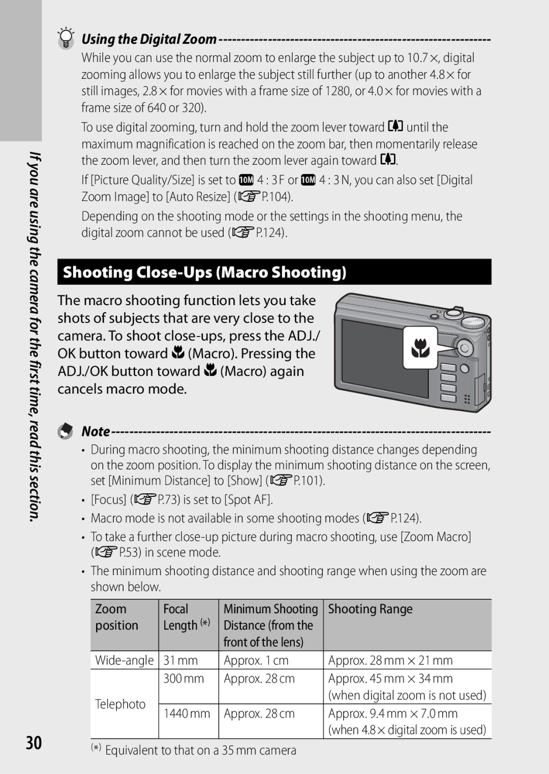 Samsung CX4 manual Shooting Close-Ups Macro Shooting, Shown below.P.73 is set to Spot AF.GP.124 Zoom Focal, Shooting Range 