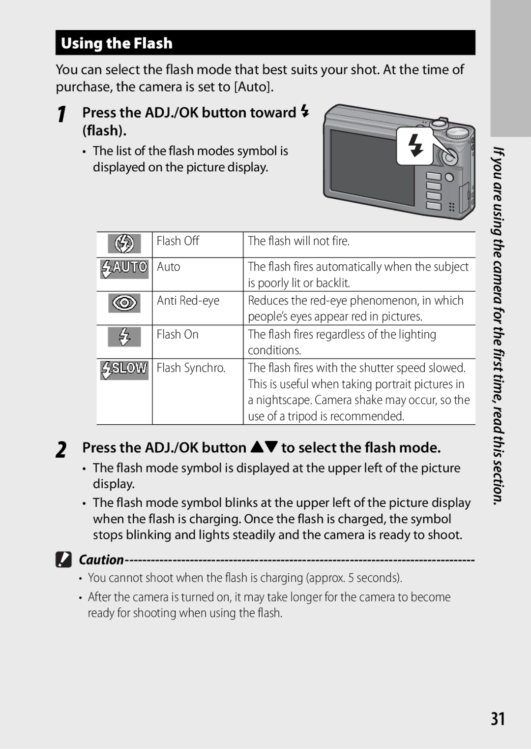 Samsung CX4 Using the Flash, Press the ADJ./OK button toward F Flash, Press the ADJ./OK button !to select the flash mode 