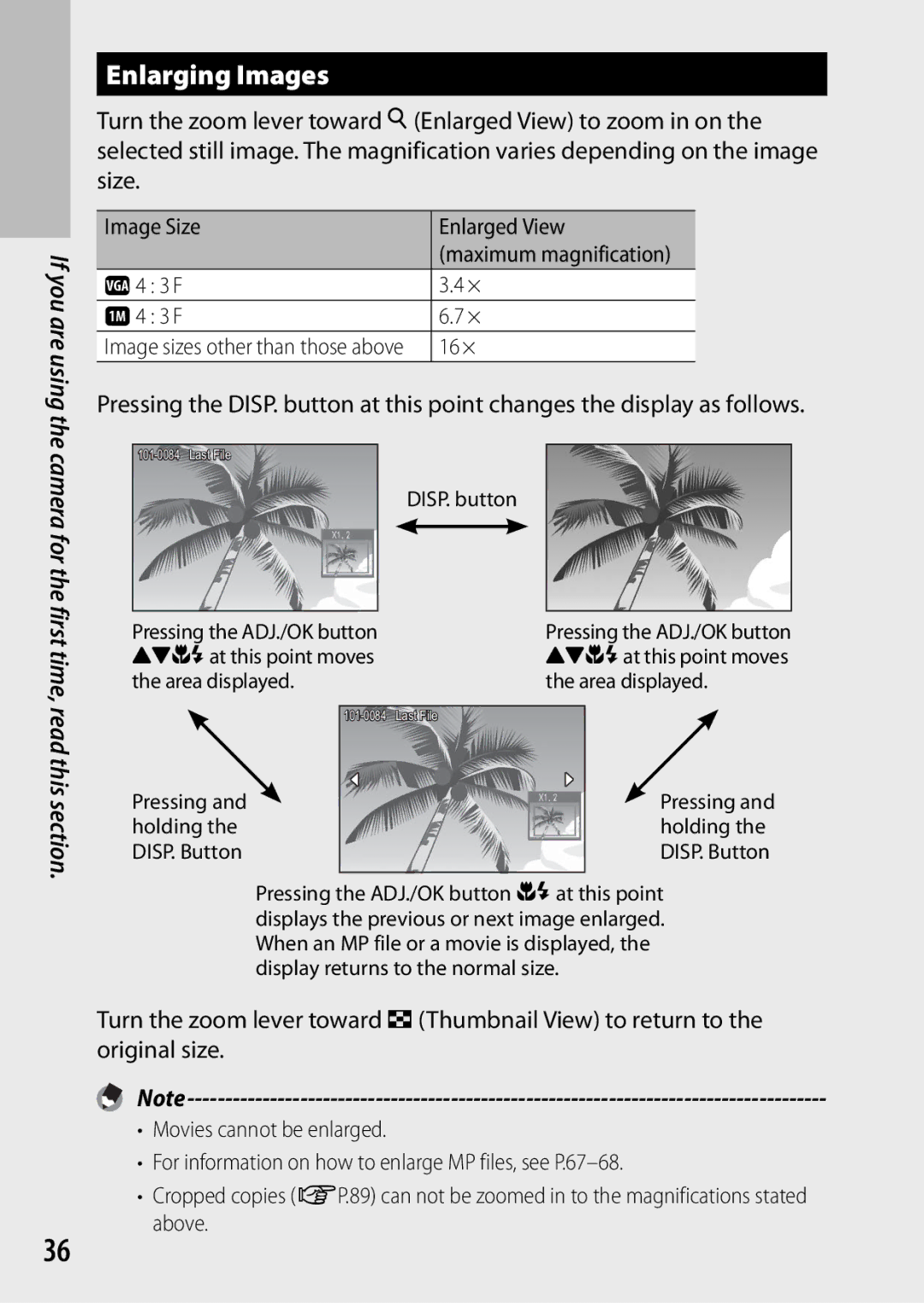 Samsung CX4 manual Enlarging Images, Image Size Enlarged View, Z4 3 F A4 3 F, 16 × 