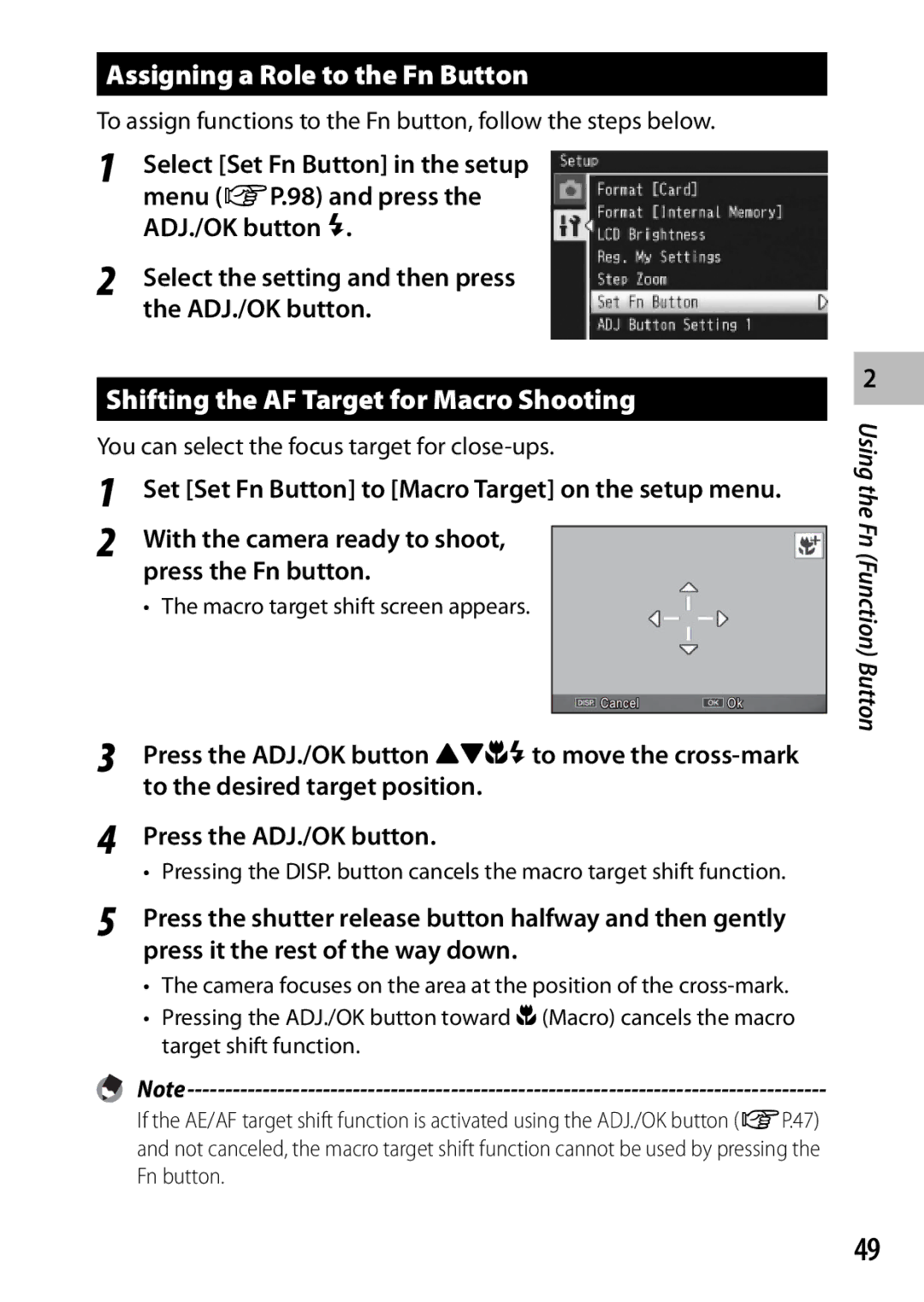 Samsung CX4 manual Assigning a Role to the Fn Button, Shifting the AF Target for Macro Shooting 