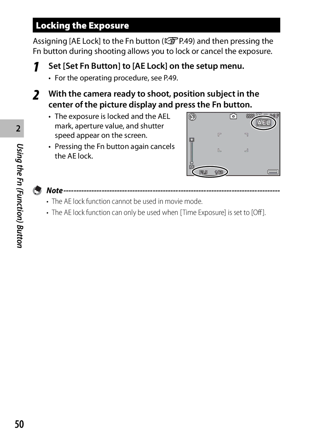 Samsung CX4 Locking the Exposure, Set Set Fn Button to AE Lock on the setup menu, For the operating procedure, see P.49 