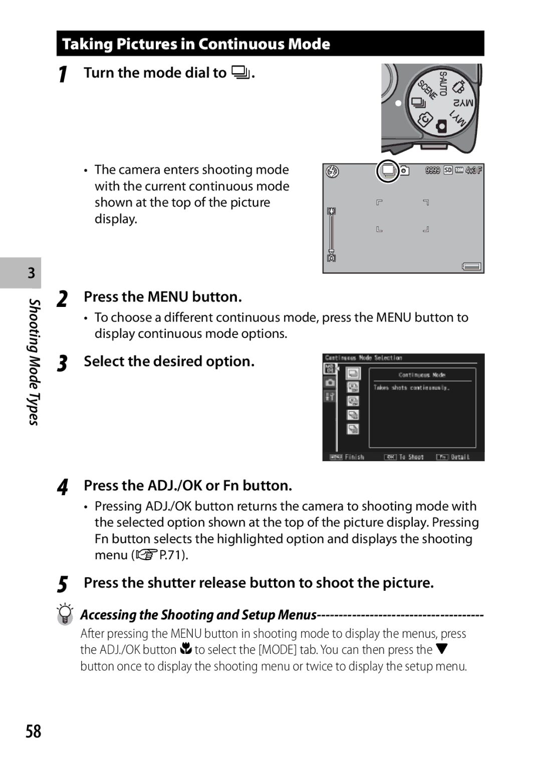 Samsung CX4 manual Taking Pictures in Continuous Mode, Turn the mode dial to R, Press the Menu button 