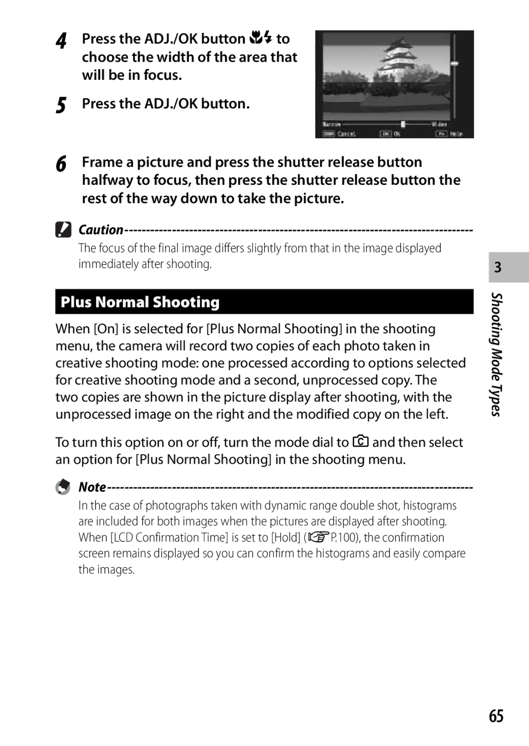 Samsung CX4 manual Plus Normal Shooting, Press the ADJ./OK button NFto, Choose the width of the area that, Will be in focus 