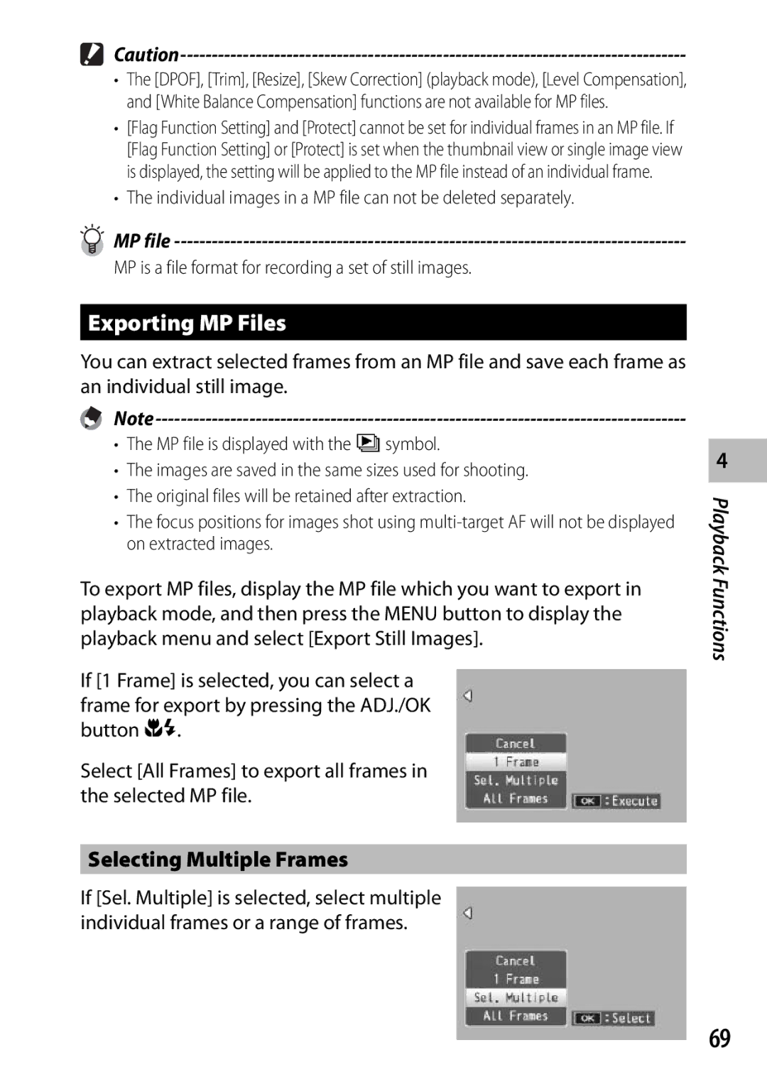 Samsung CX4 manual Exporting MP Files, Selecting Multiple Frames 