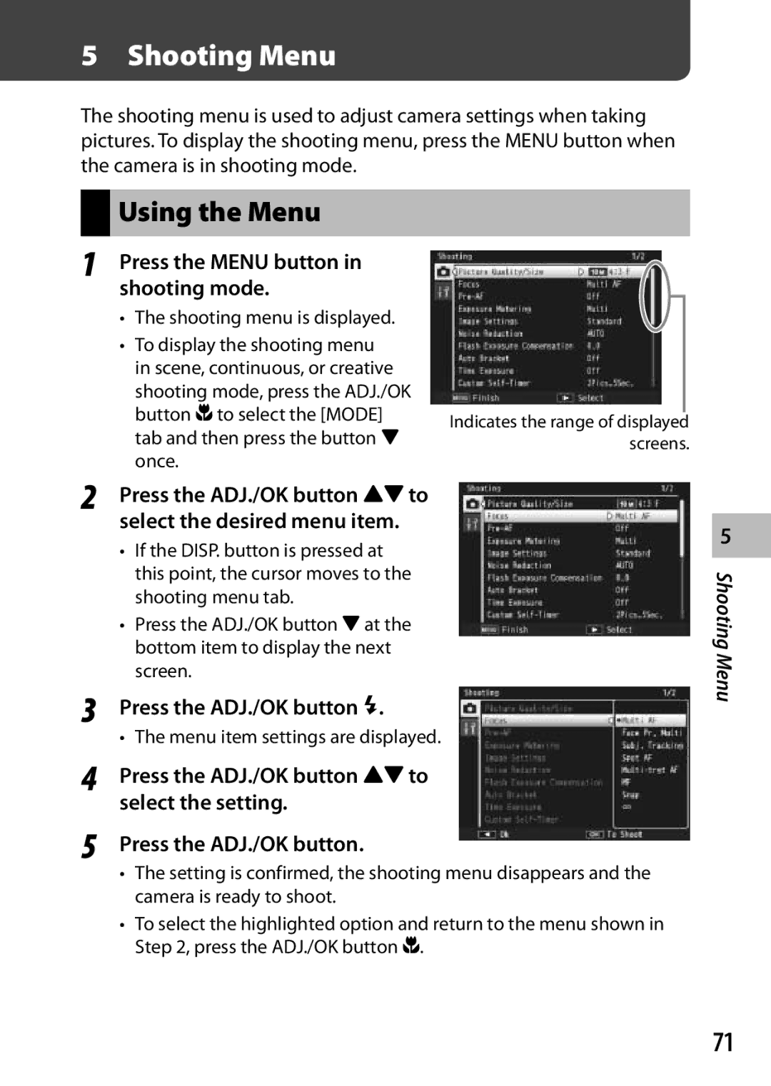 Samsung CX4 manual Using the Menu, Press the Menu button in shooting mode, Select the desired menu item, Select the setting 