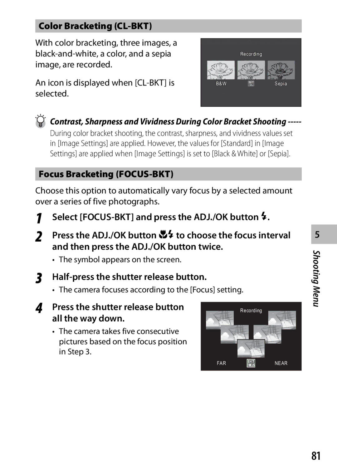 Samsung CX4 manual Color Bracketing CL-BKT, Focus Bracketing FOCUS-BKT, Then press the ADJ./OK button twice 