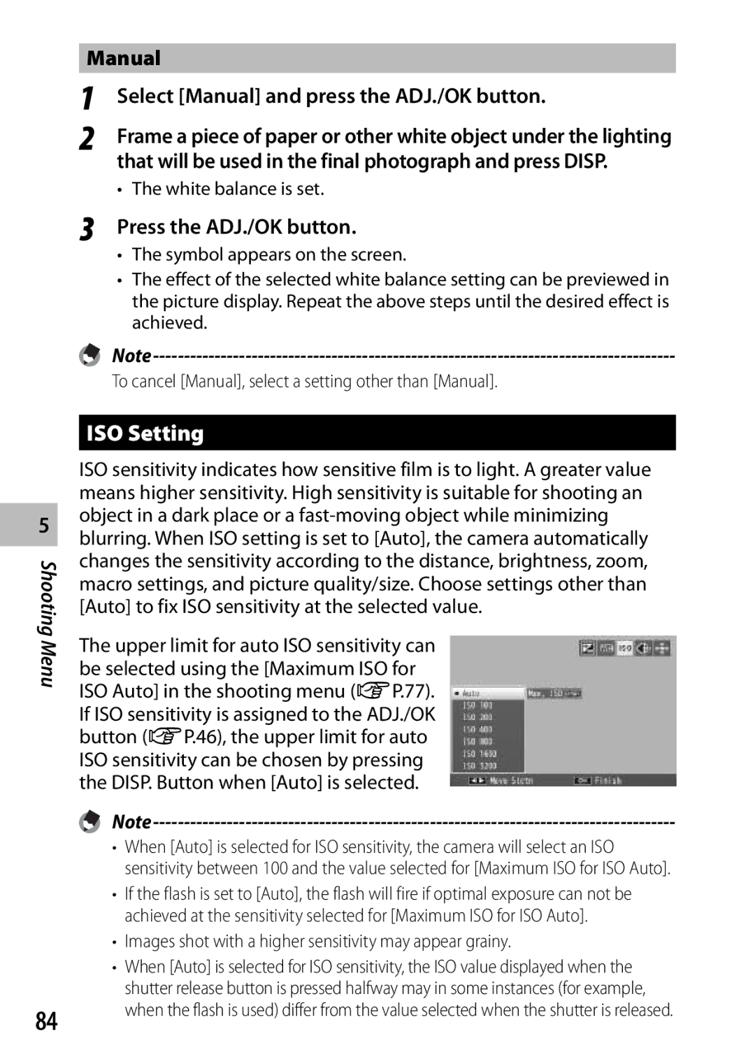 Samsung CX4 manual ISO Setting, Manual Select Manual and press the ADJ./OK button 