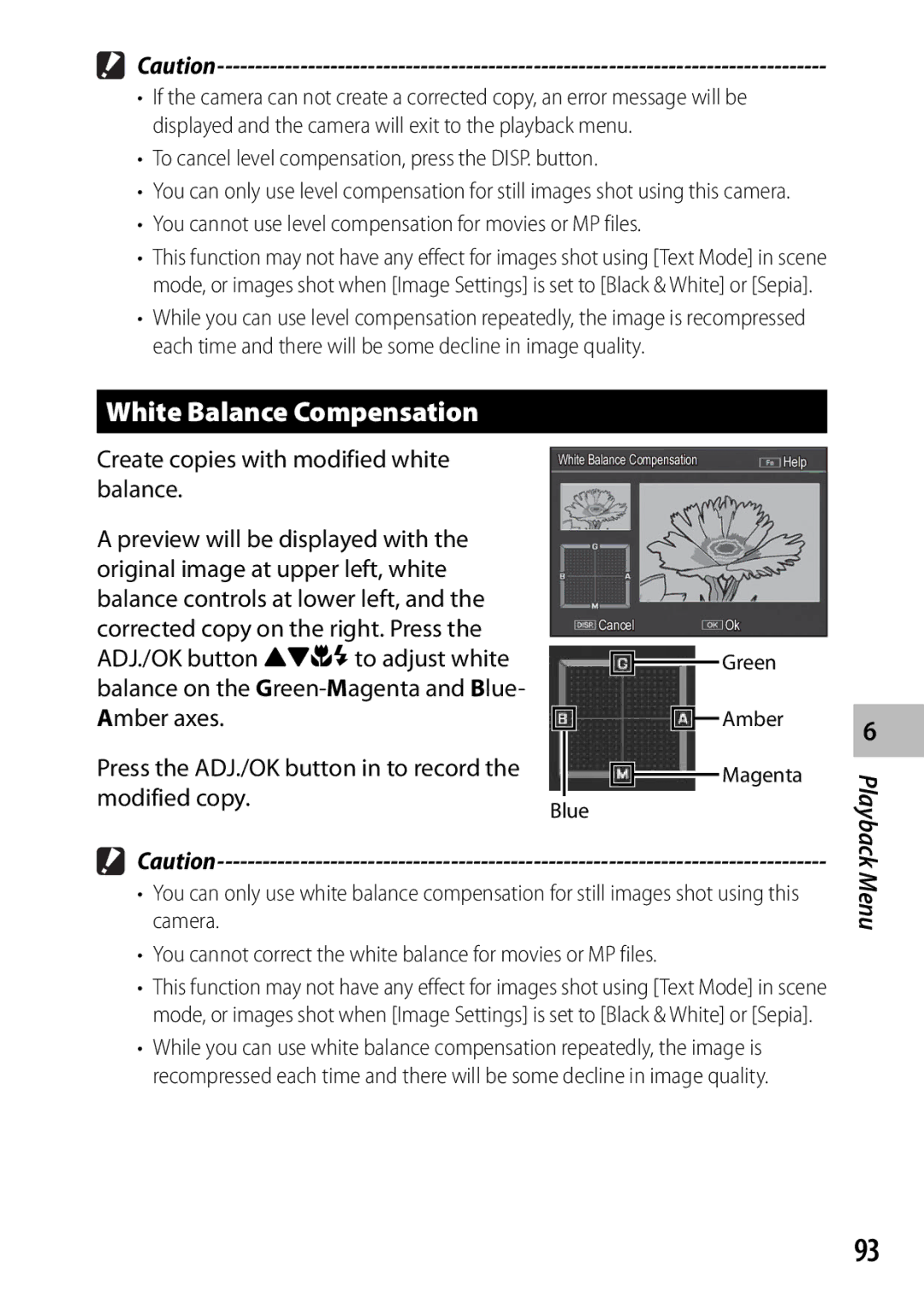 Samsung CX4 White Balance Compensation, To cancel level compensation, press the DISP. button, Green Amber Magenta Blue 