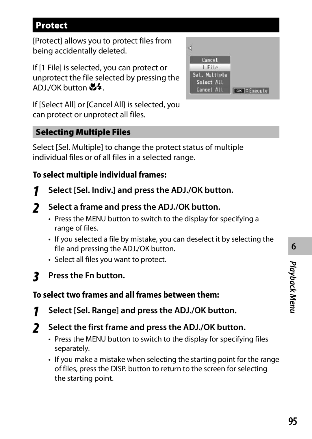 Samsung CX4 manual Protect, Selecting Multiple Files, Select the first frame and press the ADJ./OK button 