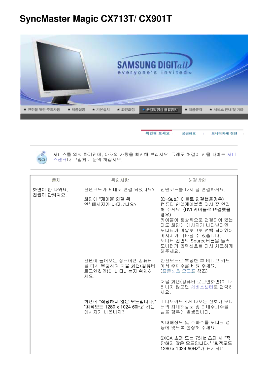 Samsung CX511N, CX901T, CX701N, CX712N, CX711N, CX501N 화면이 안 나와요, 전원이 안켜져요 화면에 케이블 연결 확 Sub케이블로 연결했을경우, 주세요 . Dvi 케이블로 연결했을 