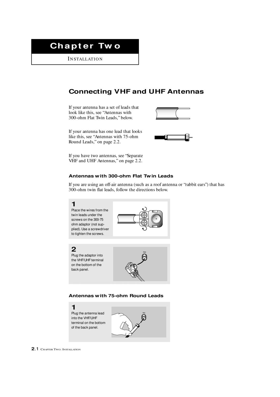 Samsung CXM 2785TP manual Connecting VHF and UHF Antennas, Antennas with 300-ohm Flat Twin Leads 