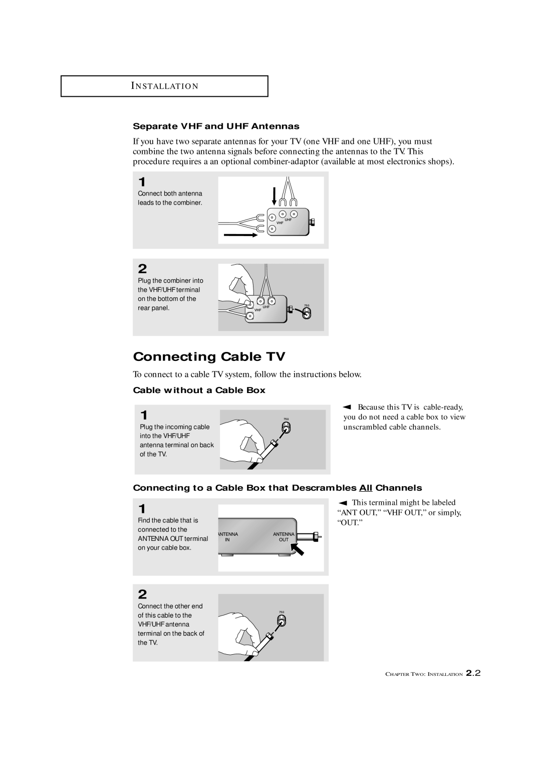 Samsung CXM 2785TP manual Connecting Cable TV, Separate VHF and UHF Antennas, Cable without a Cable Box 