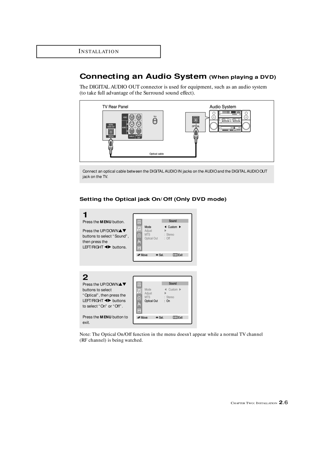 Samsung CXM 2785TP manual Connecting an Audio System When playing a DVD, Setting the Optical jack On/Off Only DVD mode 