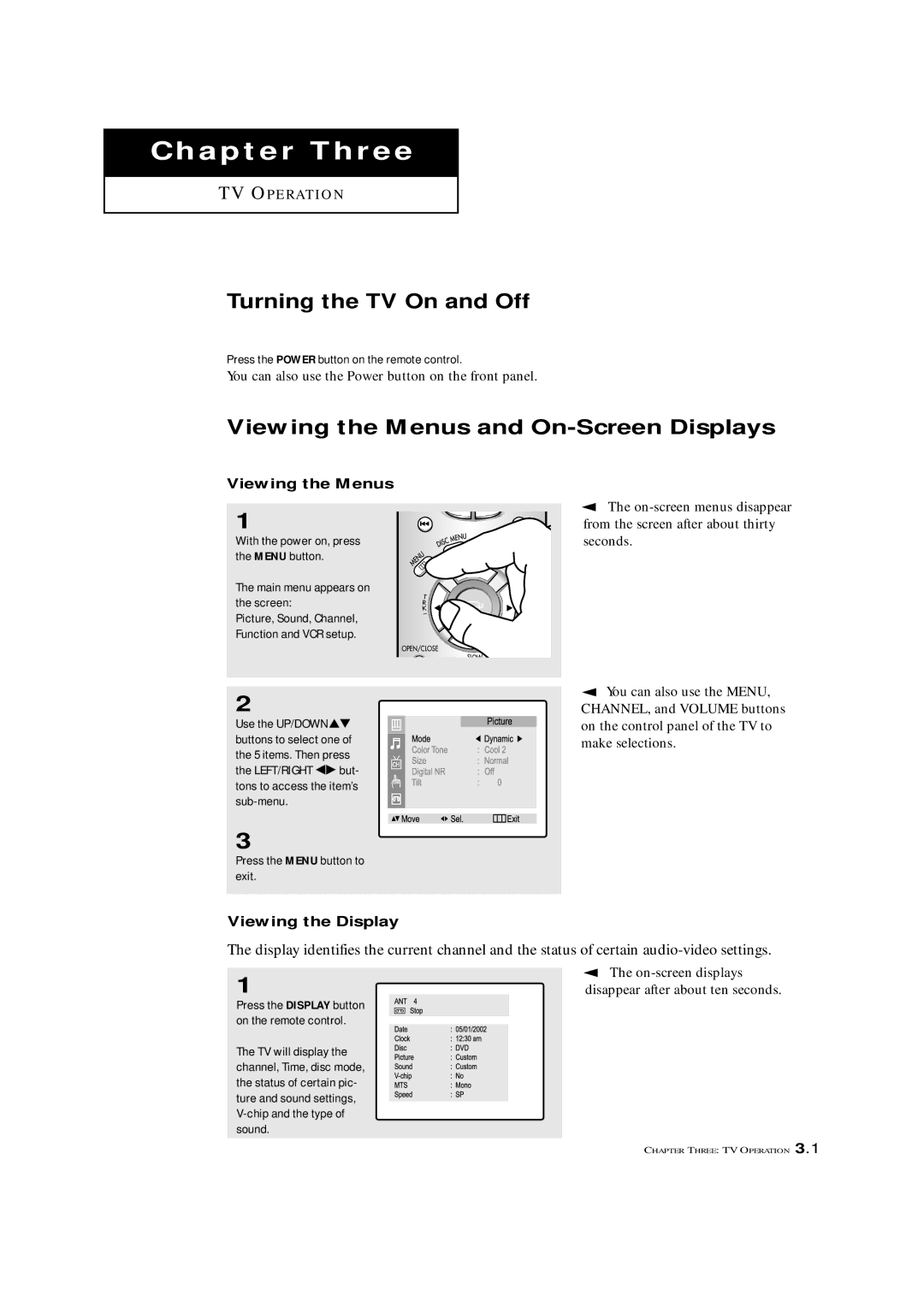 Samsung CXM 2785TP manual Turning the TV On and Off, Viewing the Menus and On-Screen Displays, Viewing the Display 