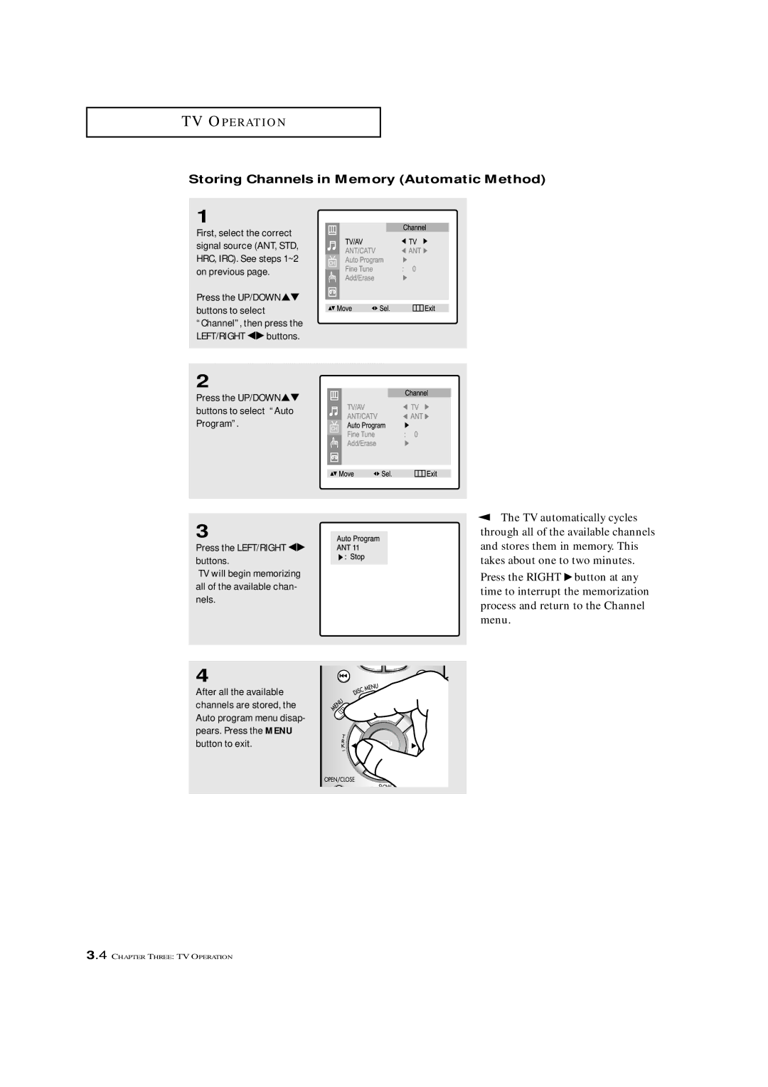 Samsung CXM 2785TP manual Storing Channels in Memory Automatic Method, TV automatically cycles 