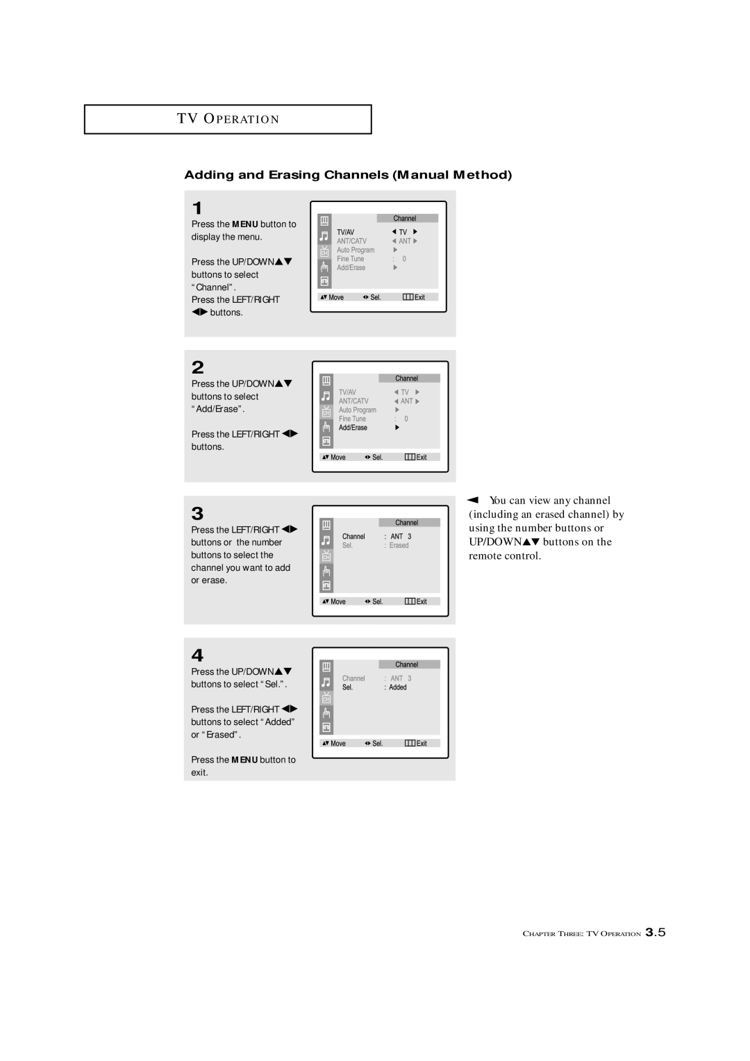 Samsung CXM 2785TP manual Adding and Erasing Channels Manual Method, You can view any channel 