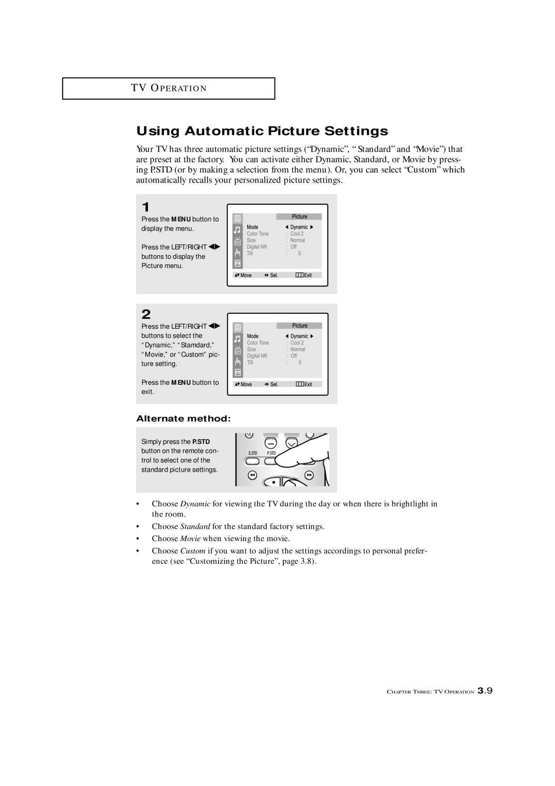 Samsung CXM 2785TP manual Using Automatic Picture Settings, Alternate method 