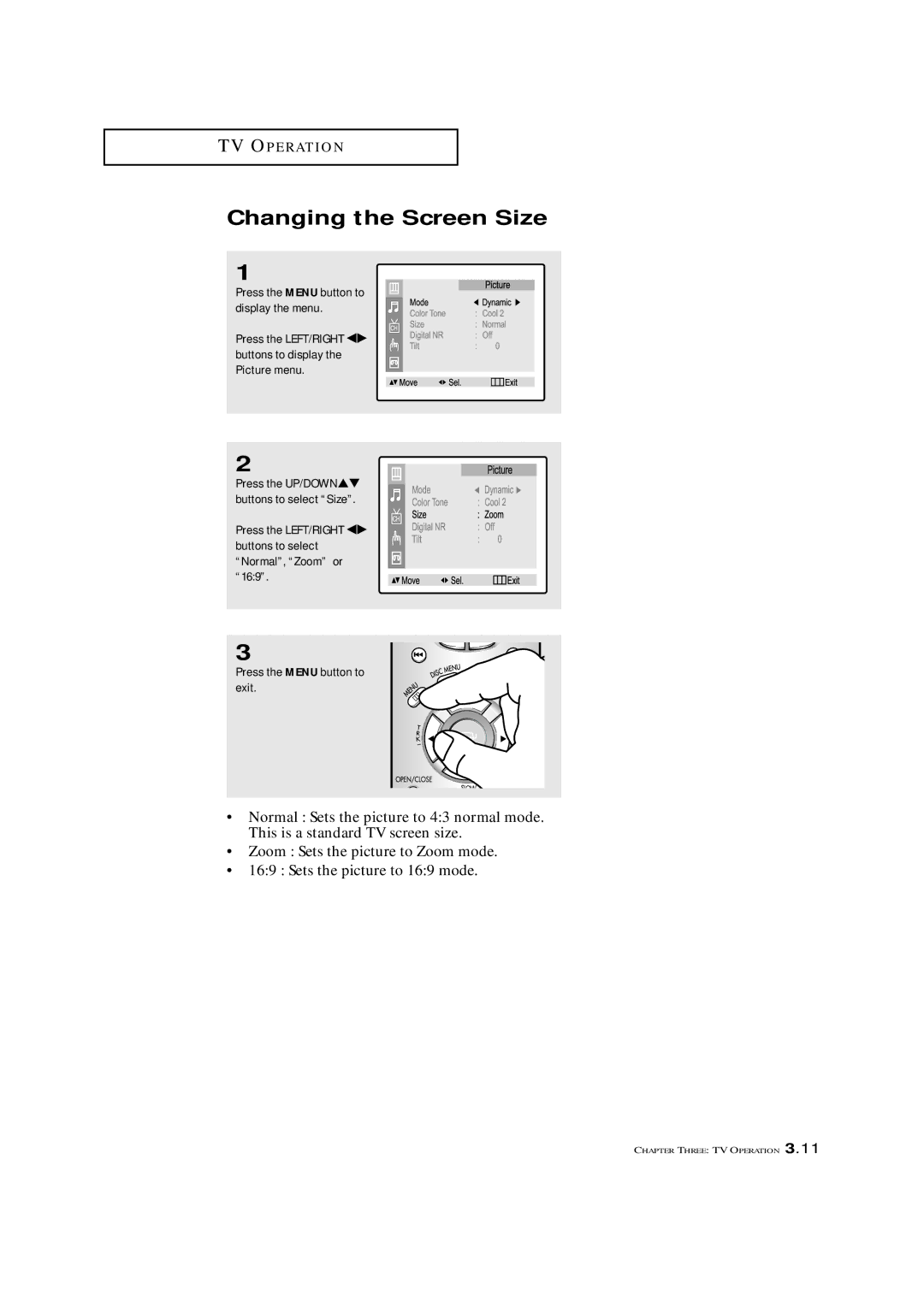 Samsung CXM 2785TP manual Changing the Screen Size 