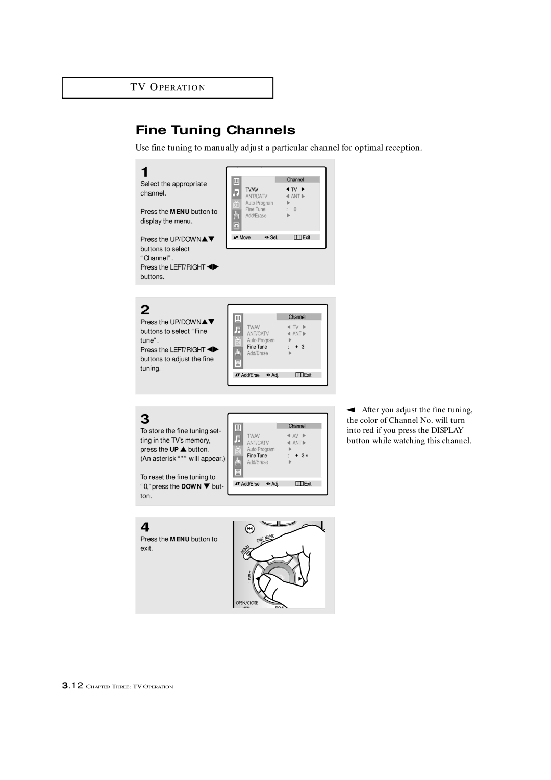 Samsung CXM 2785TP manual Fine Tuning Channels, After you adjust the fine tuning 