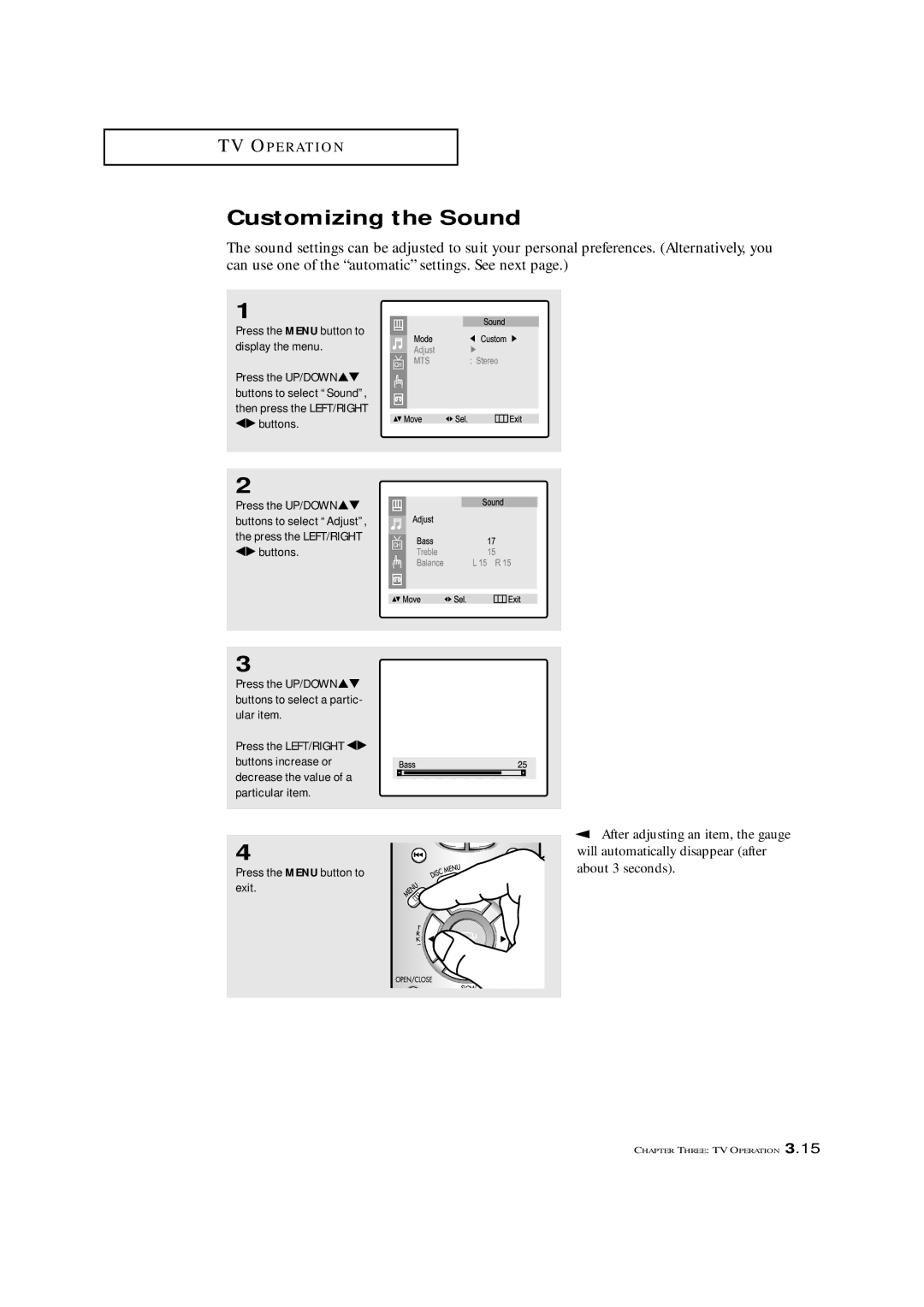 Samsung CXM 2785TP manual Customizing the Sound, After adjusting an item, the gauge 