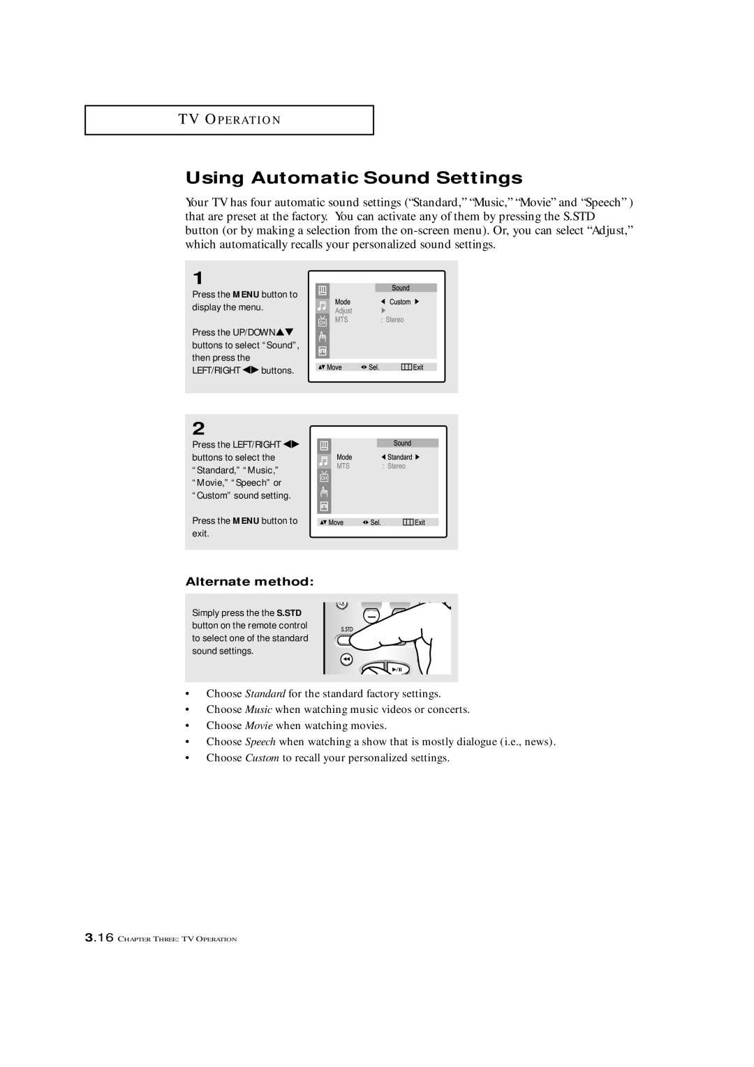 Samsung CXM 2785TP manual Using Automatic Sound Settings, Press the Menu button to display the menu 