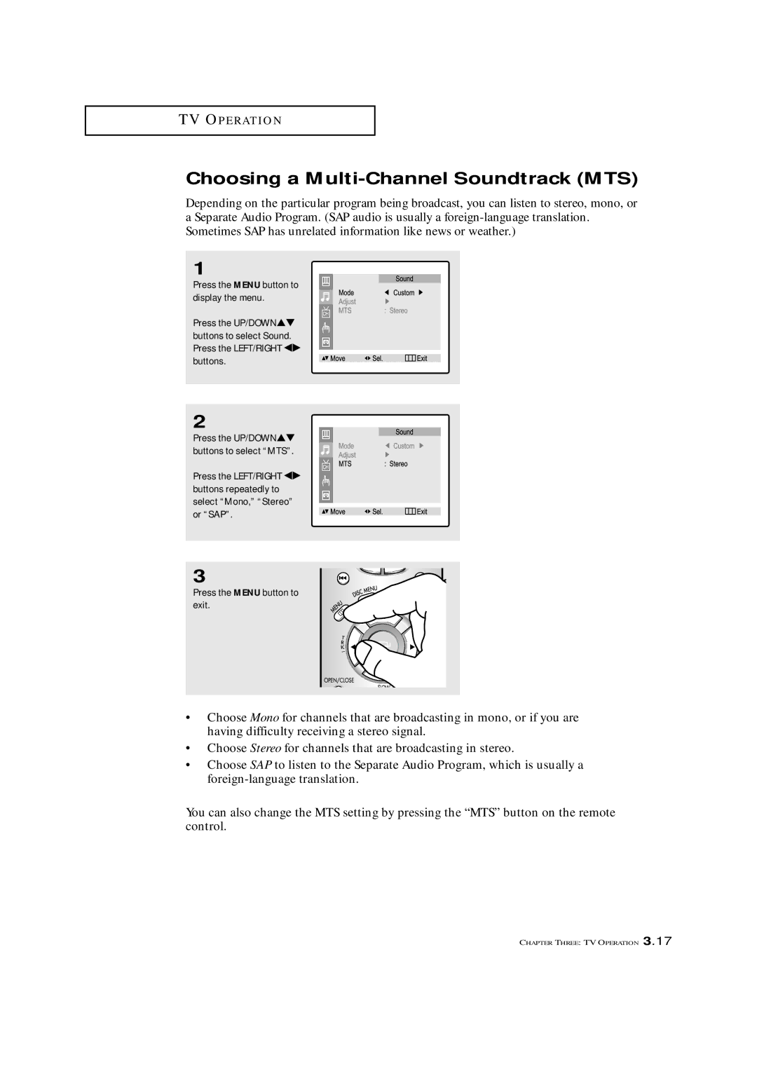 Samsung CXM 2785TP manual Choosing a Multi-Channel Soundtrack MTS 