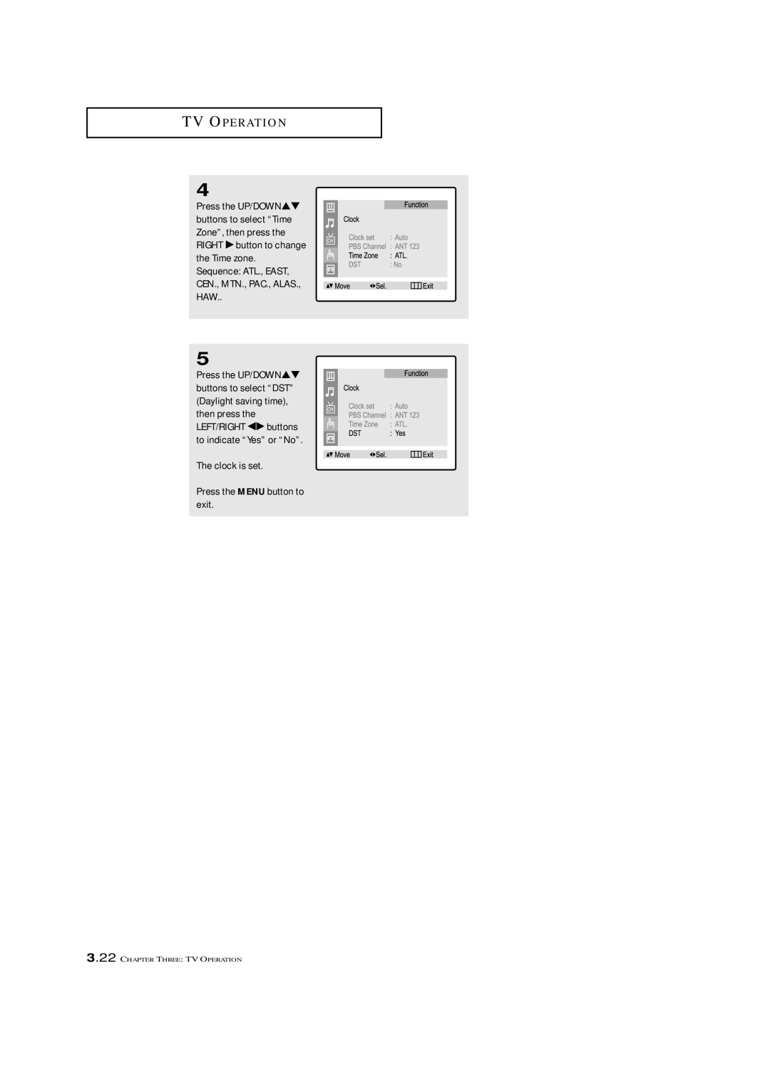 Samsung CXM 2785TP manual Sequence ATL., EAST, CEN., MTN., PAC., ALAS., HAW, Clock is set Press the Menu button to exit 