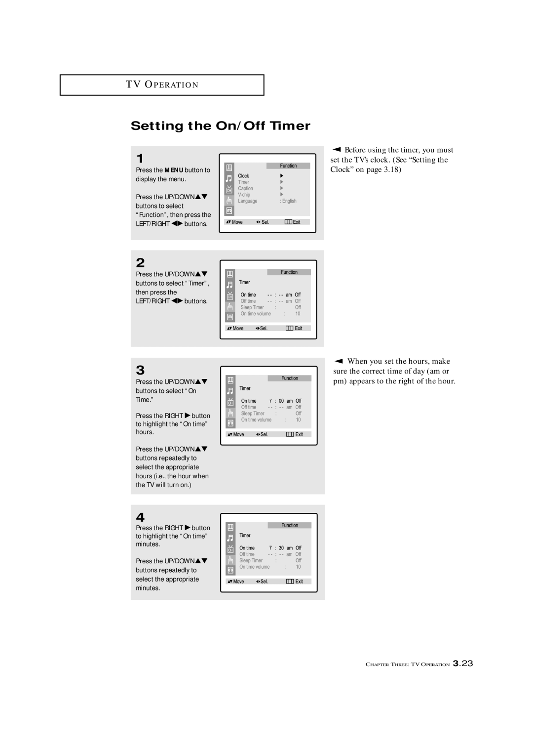 Samsung CXM 2785TP manual Setting the On/Off Timer, Before using the timer, you must, When you set the hours, make 