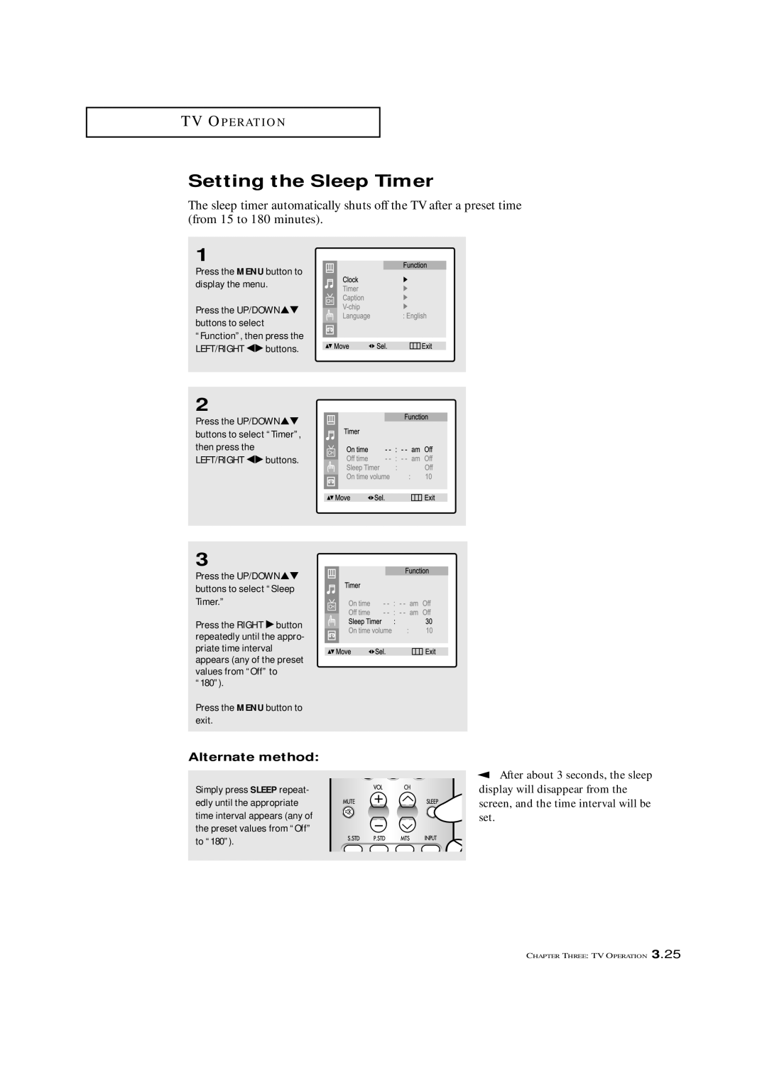 Samsung CXM 2785TP manual Setting the Sleep Timer, After about 3 seconds, the sleep, Press the UP/DOWN 