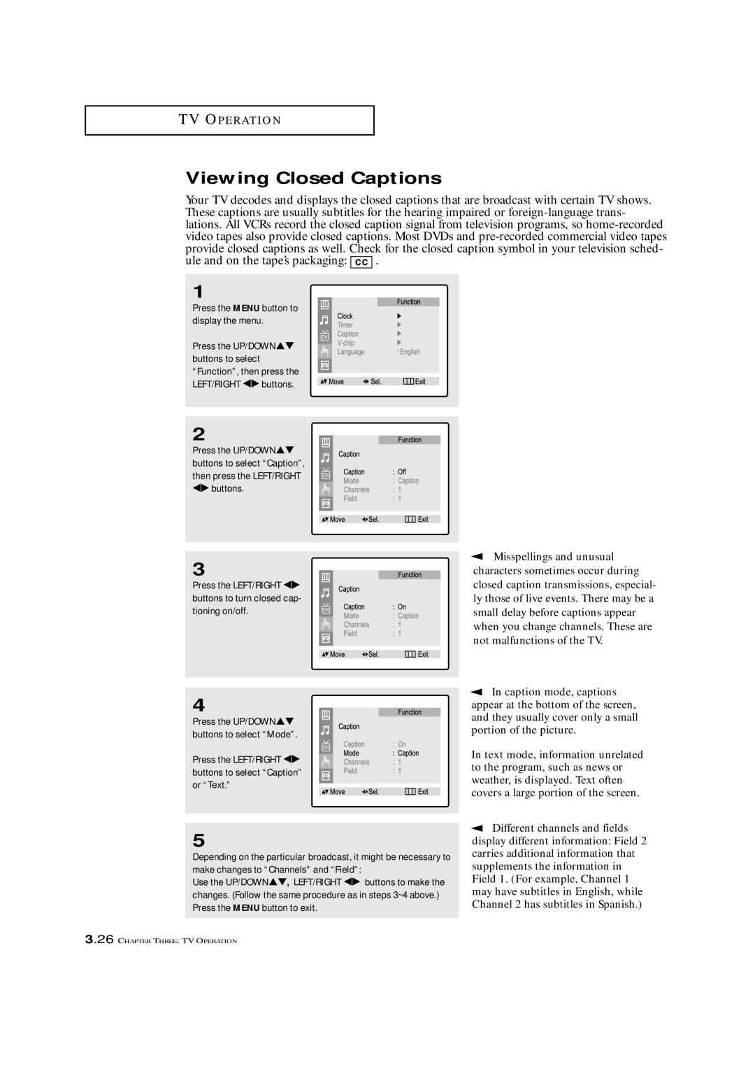 Samsung CXM 2785TP manual Viewing Closed Captions, Misspellings and unusual 