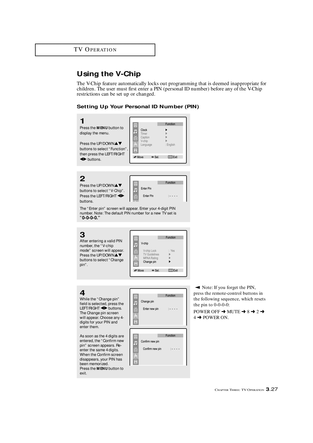 Samsung CXM 2785TP manual Using the V-Chip, Setting Up Your Personal ID Number PIN 