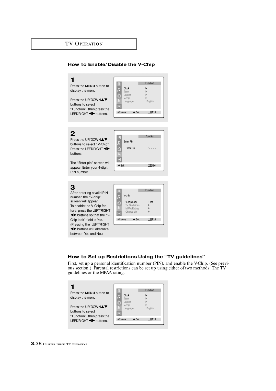 Samsung CXM 2785TP manual How to Enable/Disable the V-Chip, How to Set up Restrictions Using the TV guidelines 