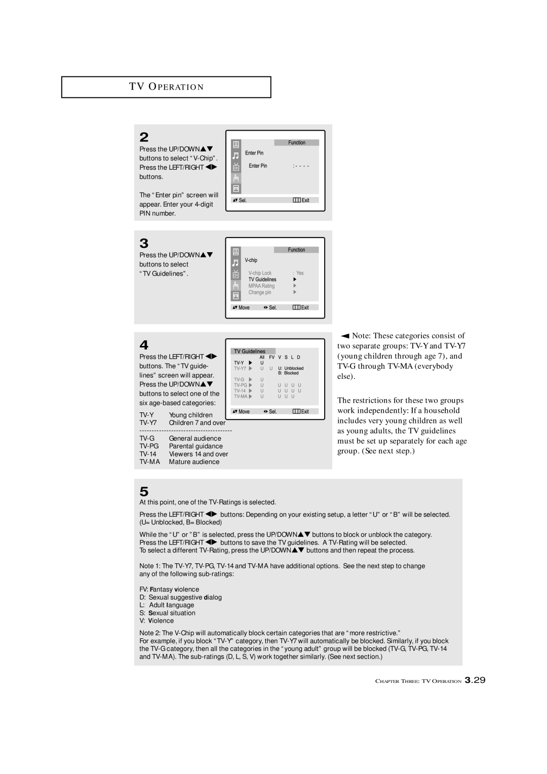 Samsung CXM 2785TP manual TV Guidelines, TV-Y Young children TV-Y7 Children 7 and over, General audience, Parental guidance 