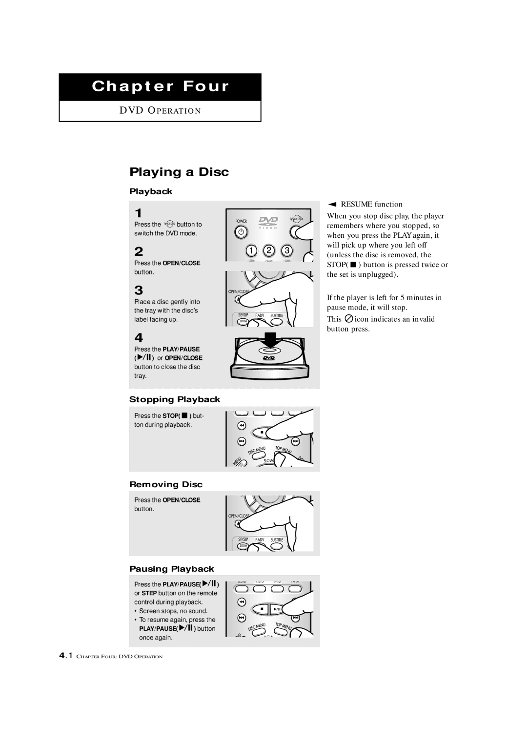 Samsung CXM 2785TP manual Playing a Disc, Stopping Playback, Removing Disc, Pausing Playback 