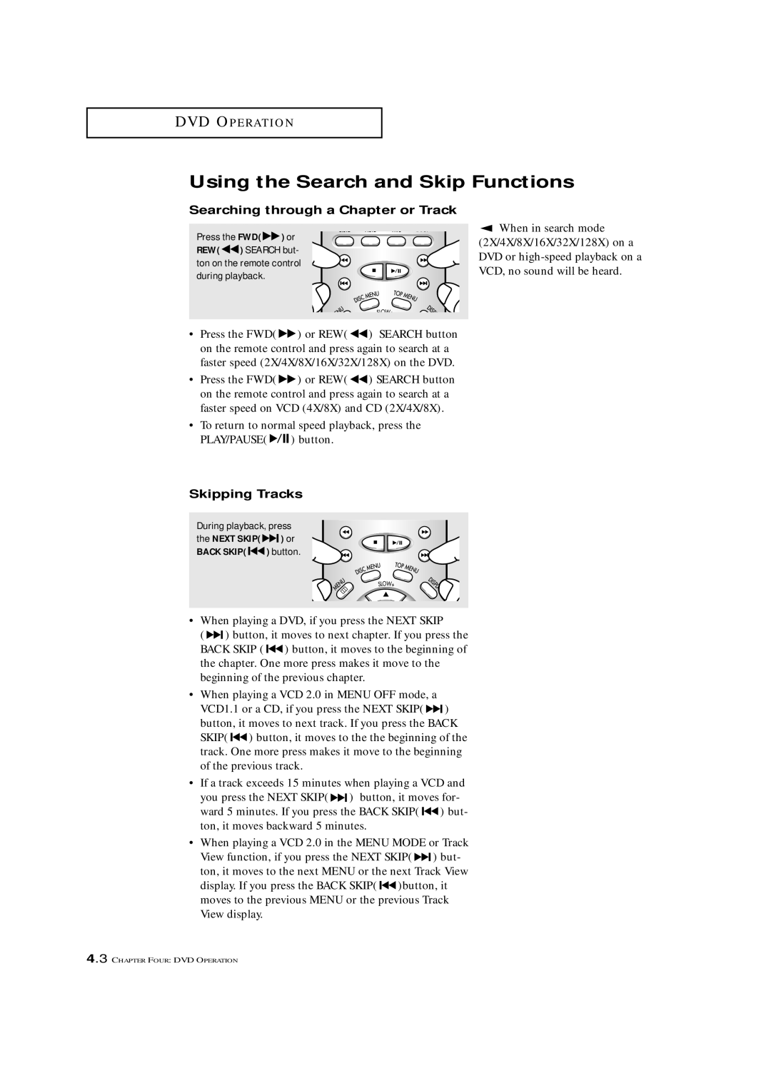 Samsung CXM 2785TP manual Using the Search and Skip Functions, Searching through a Chapter or Track, Skipping Tracks 