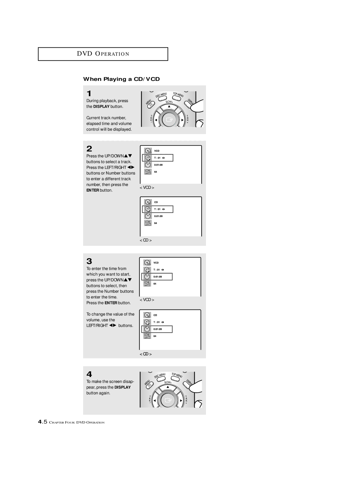 Samsung CXM 2785TP manual When Playing a CD/VCD, Enter button VCD, Press the Enter button 