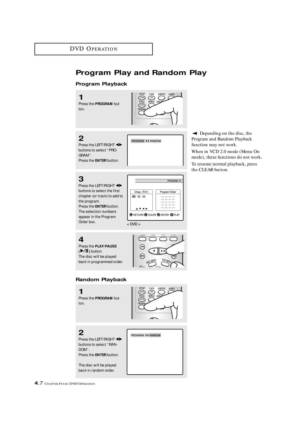 Samsung CXM 2785TP manual Program Play and Random Play, Program Playback, Random Playback 