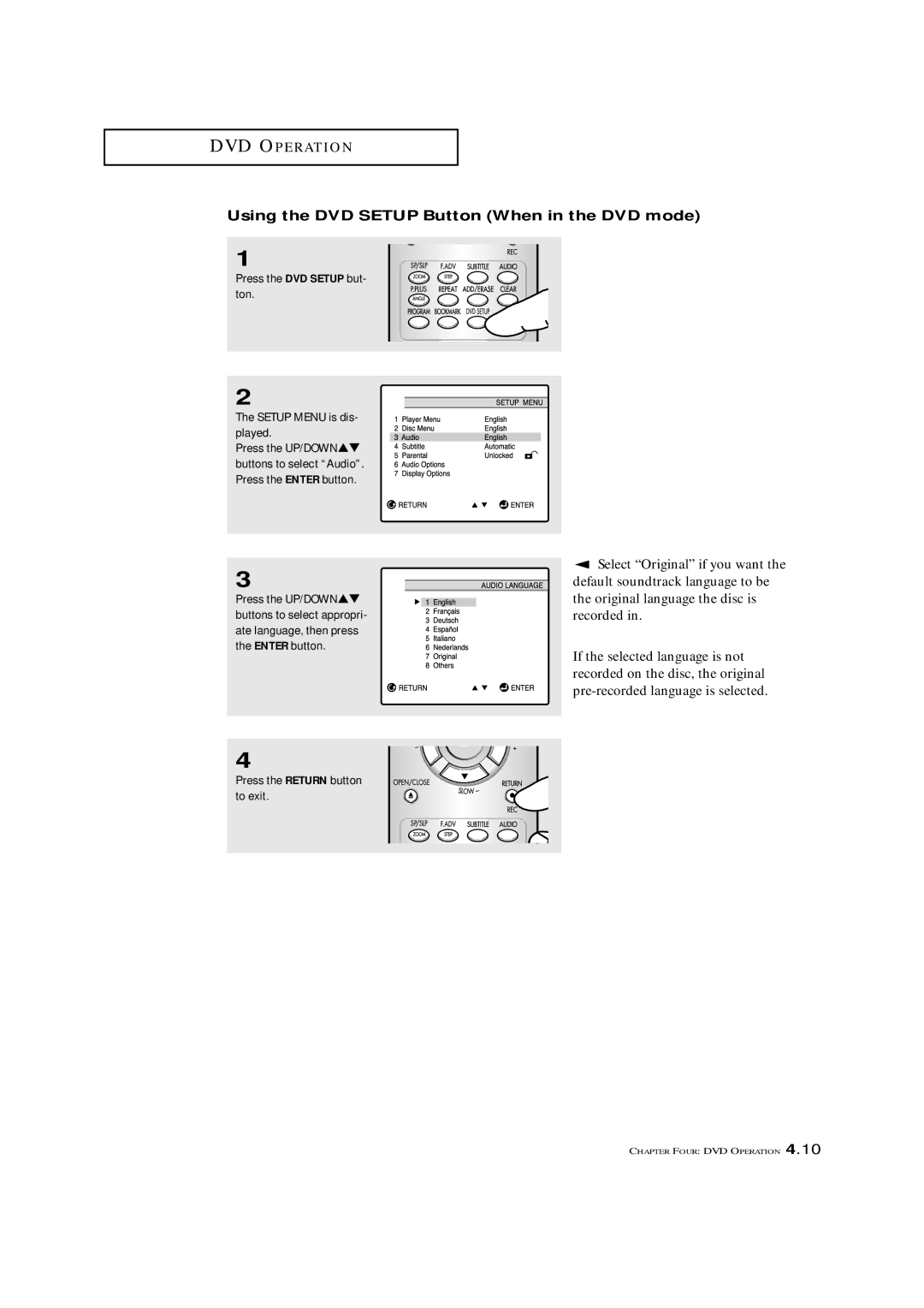 Samsung CXM 2785TP manual Using the DVD Setup Button When in the DVD mode 