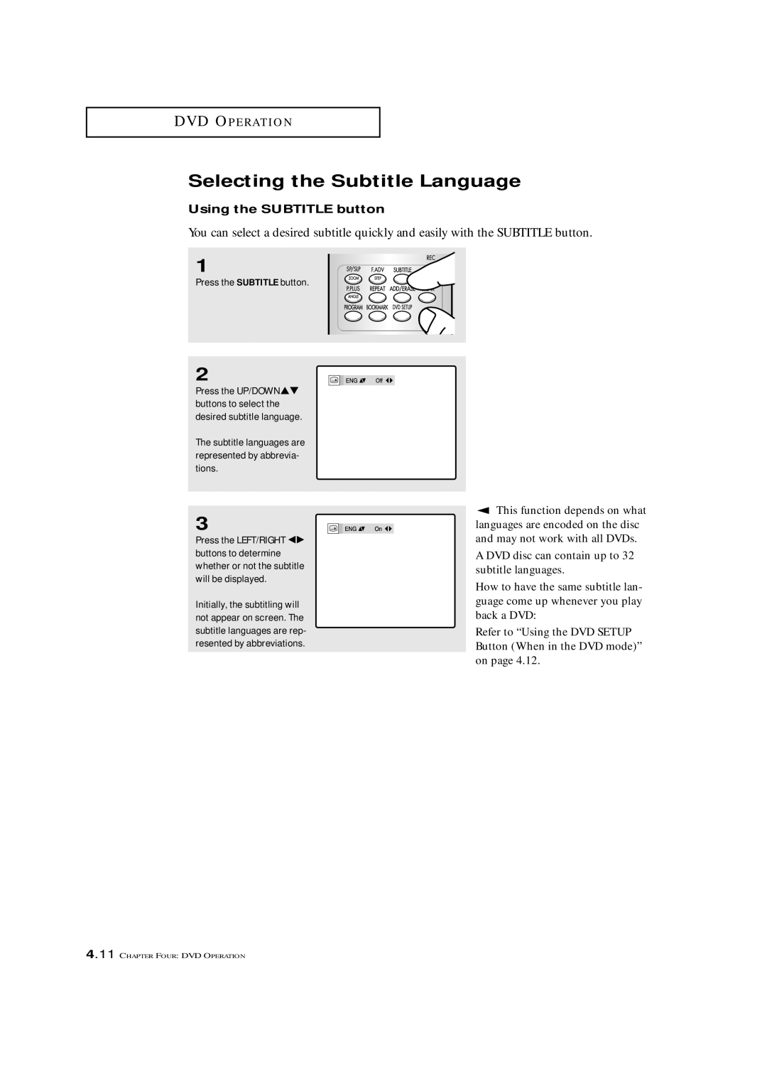 Samsung CXM 2785TP manual Selecting the Subtitle Language, Using the Subtitle button, Press the Subtitle button 