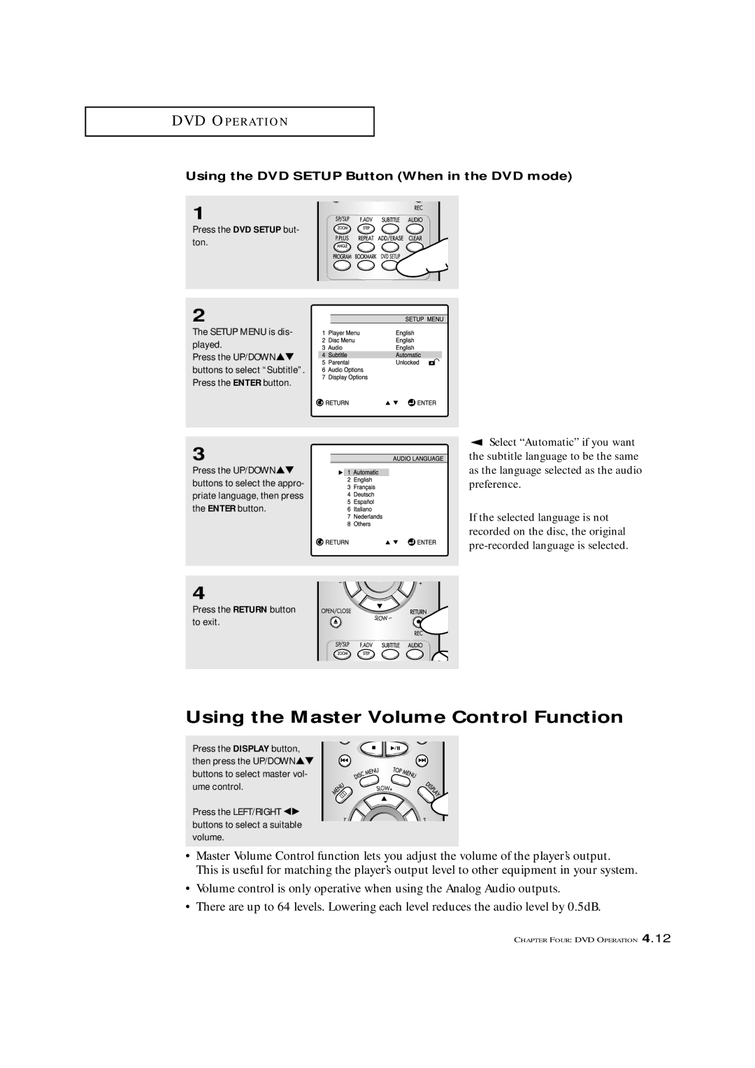 Samsung CXM 2785TP manual Using the Master Volume Control Function, Select Automatic if you want, Preference 